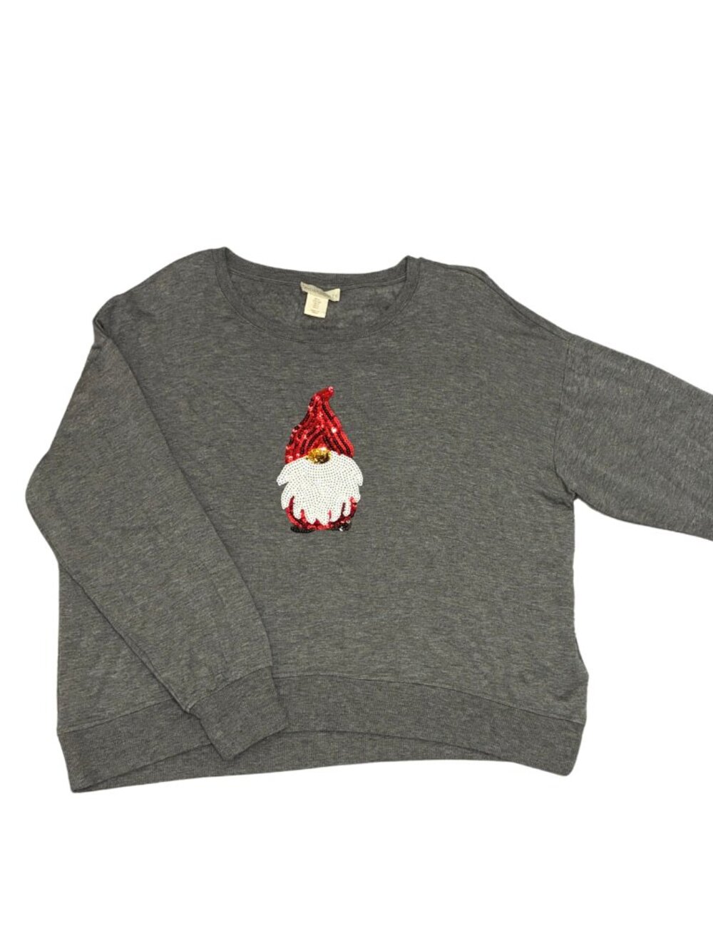 Cynthia Rowley Christmas Pullover Sweater Gnome Sequin Gray Holiday Women's Sz L